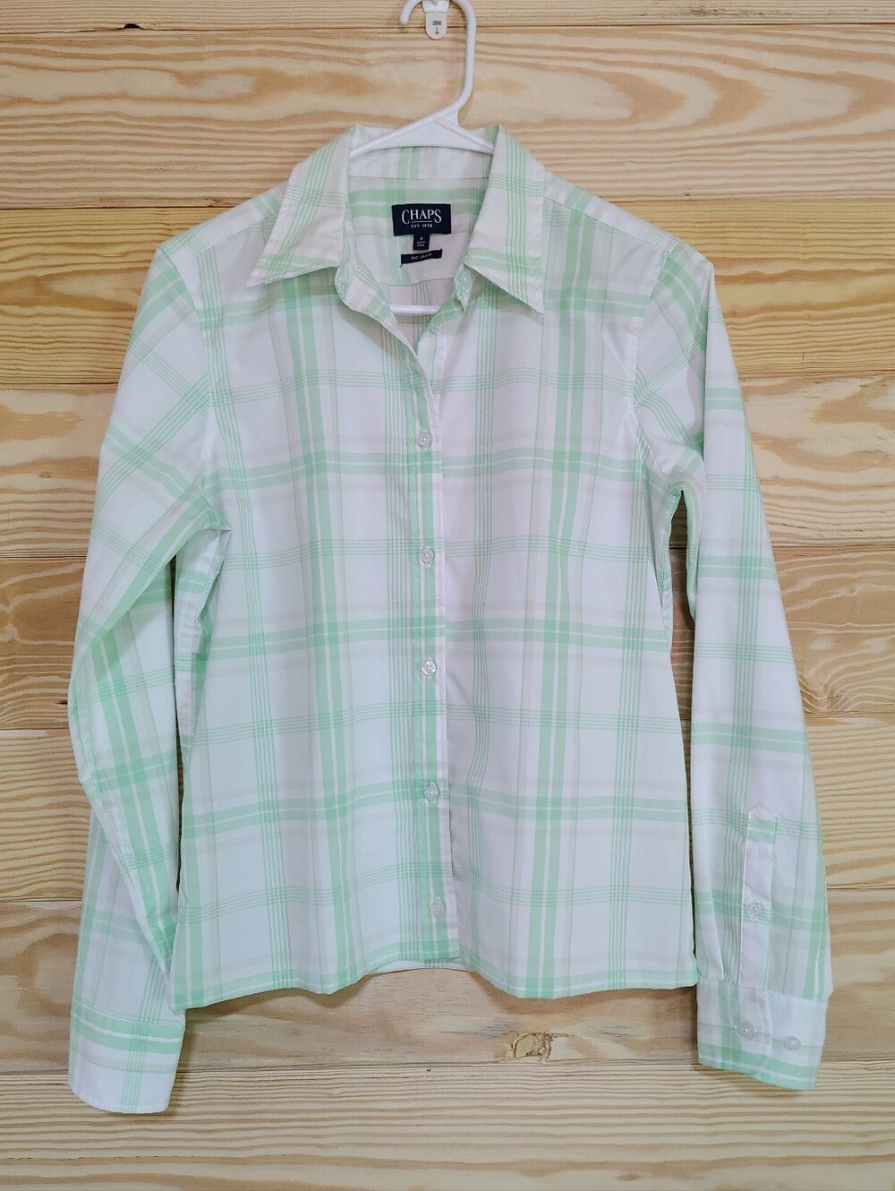 CHAPS Women’s Button Up Top Small Mint Green White Plaid No Iron Capsule Preppy